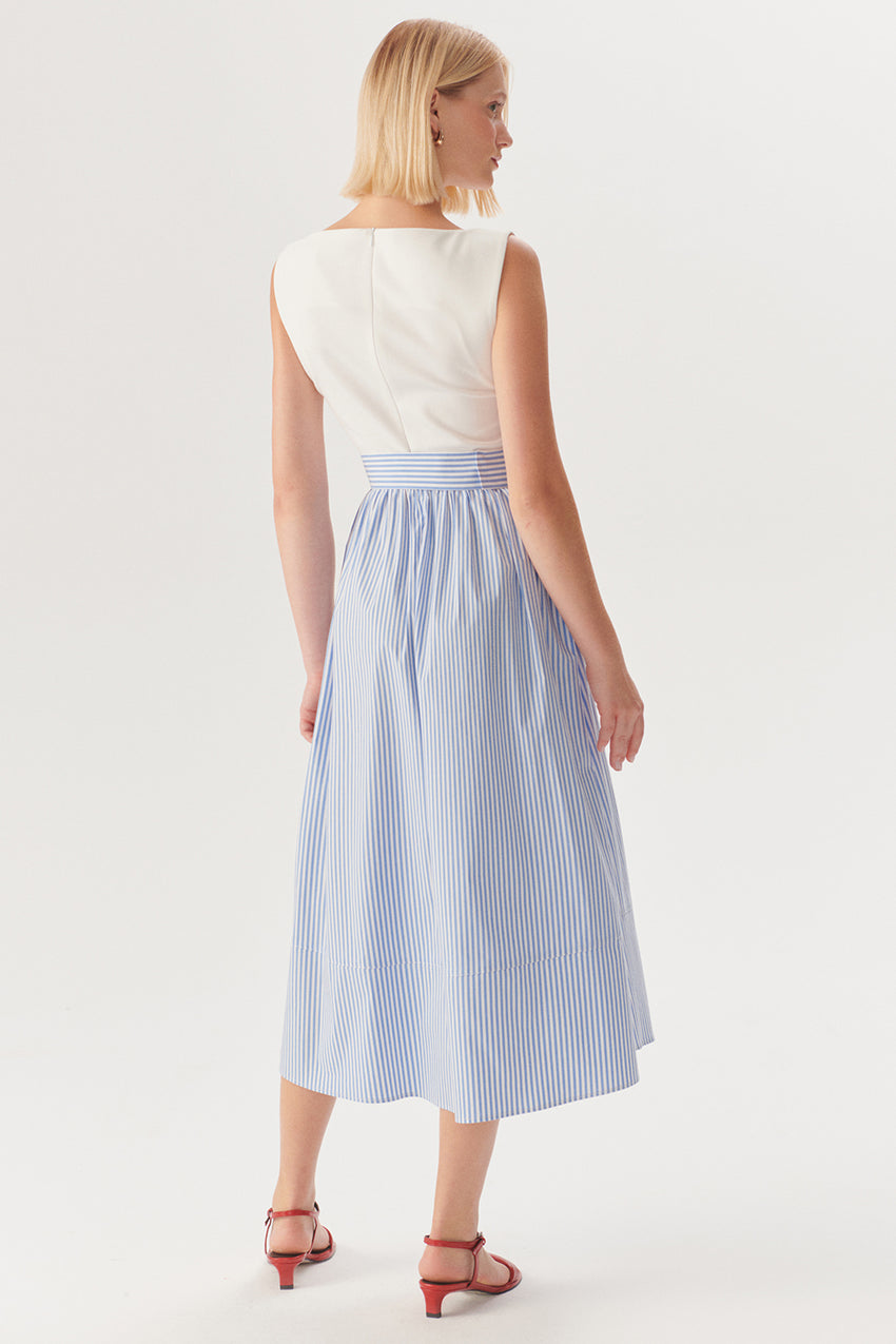 Belted Striped Regular Fit Midi Dress - Blue