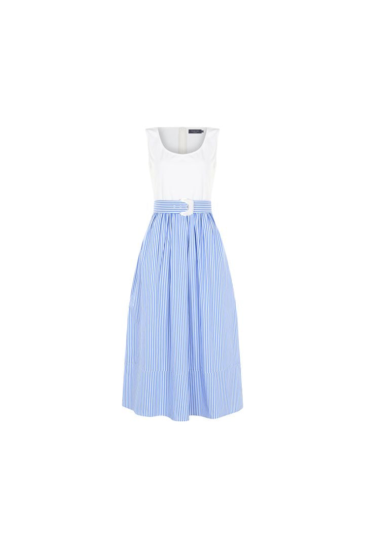 Belted Striped Regular Fit Midi Dress - Blue
