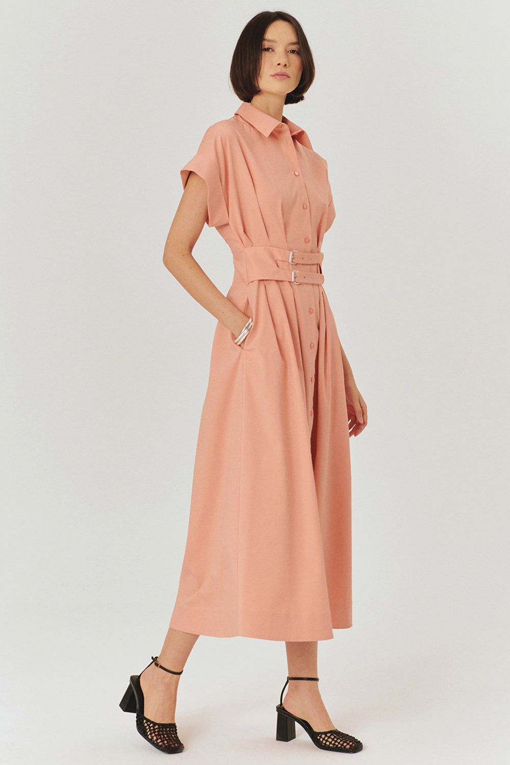 Samantha Dress  Drop Shoulder Belted Cotton Shirt Dress - PINK