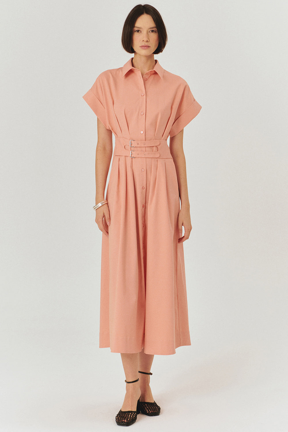 Samantha Dress  Drop Shoulder Belted Cotton Shirt Dress - PINK