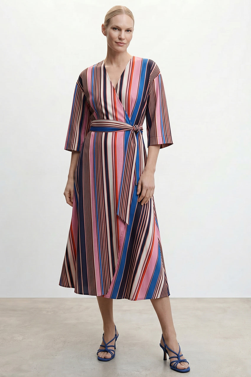 Double Breasted Tie Waist Striped Dress - MULTI COLOR