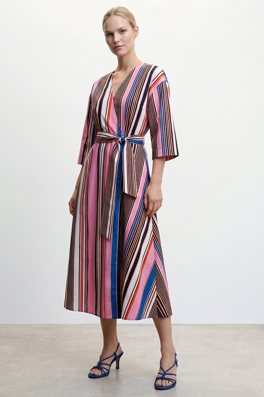 Double Breasted Tie Waist Striped Dress - MULTI COLOR