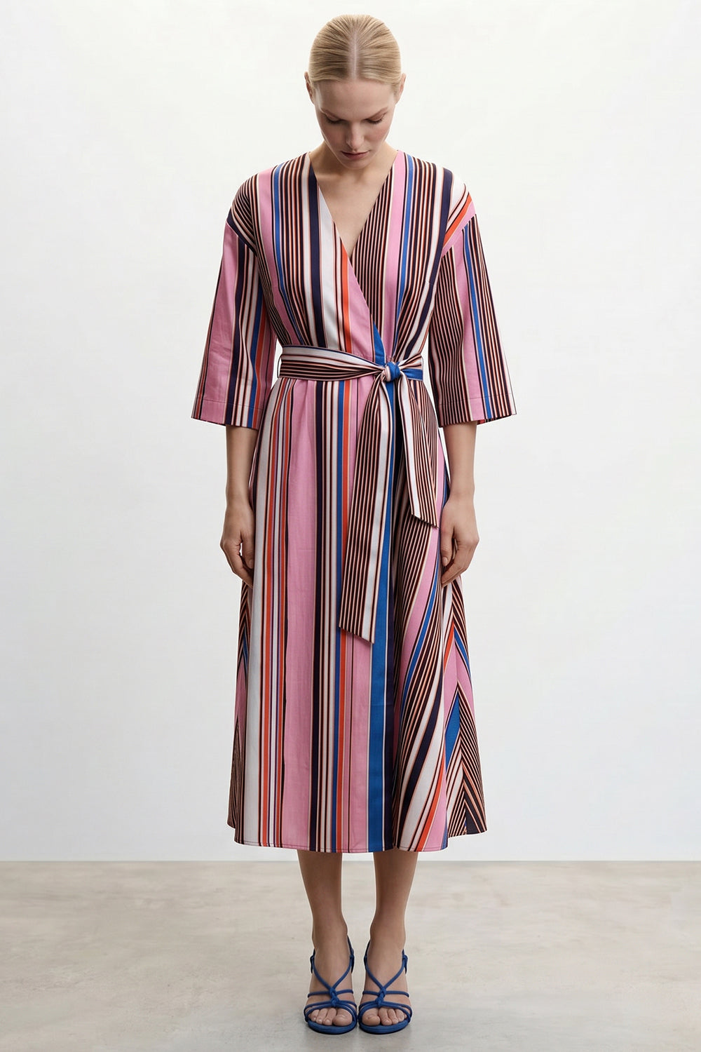 Double Breasted Tie Waist Striped Dress - MULTI COLOR