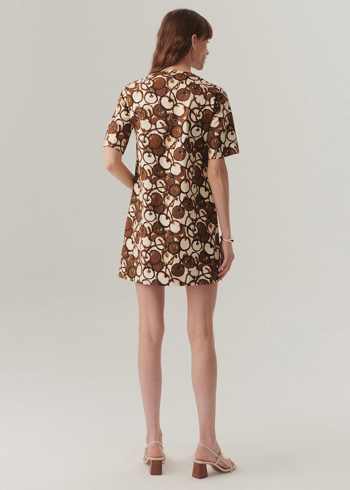 Buttoned Crew Neck Short Sleeve Patterned Mini Dress - Multi Color