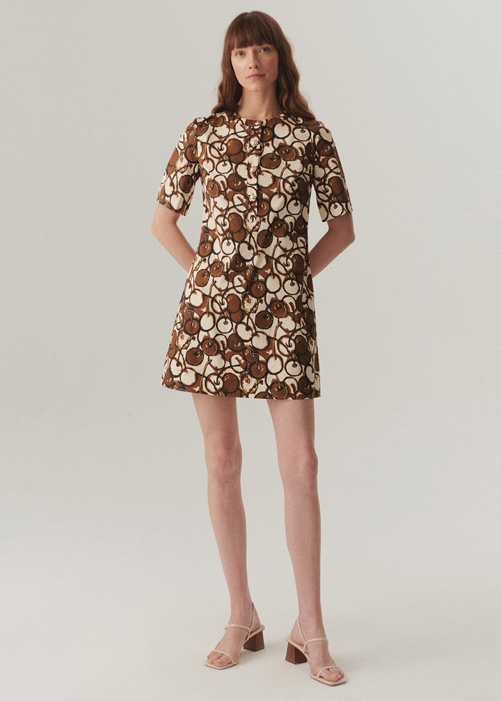 Buttoned Crew Neck Short Sleeve Patterned Mini Dress - Multi Color