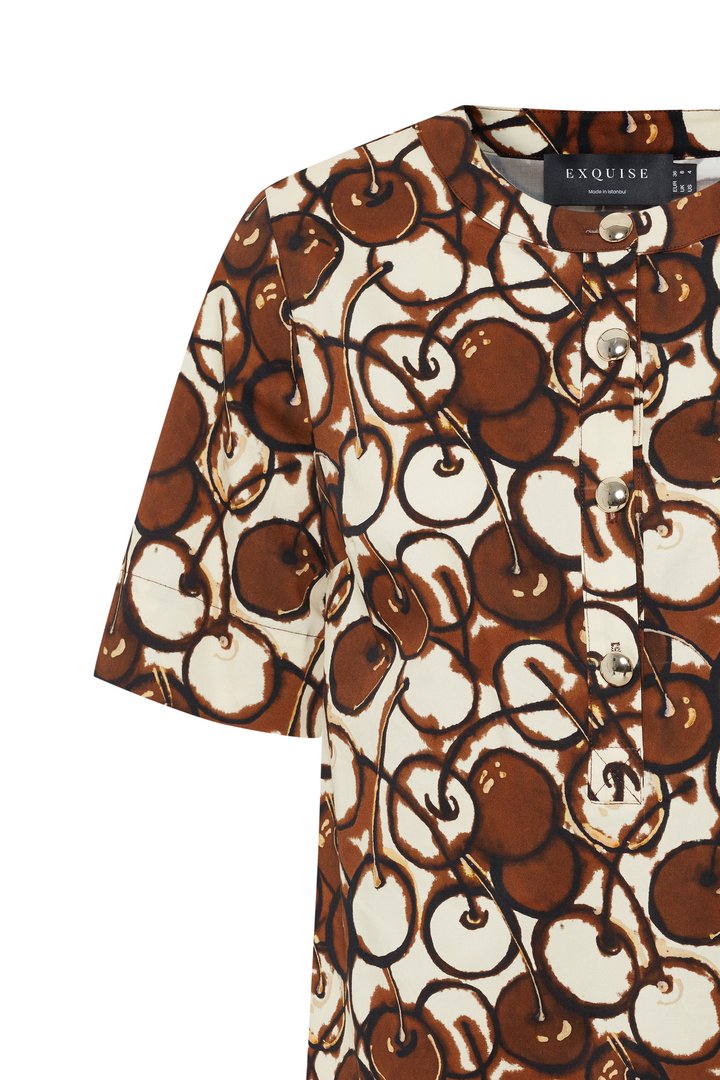 Buttoned Crew Neck Short Sleeve Patterned Mini Dress - Multi Color