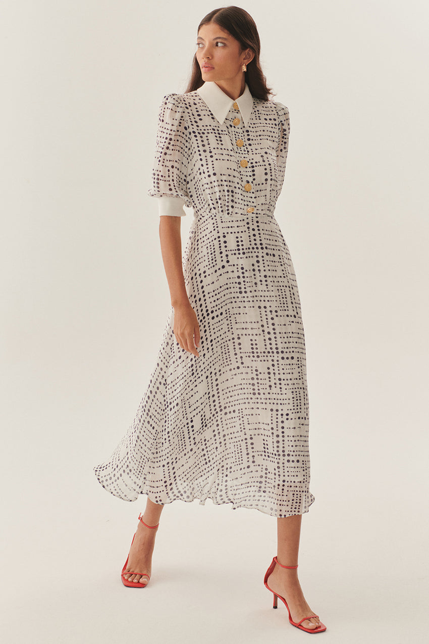 Contrast Collar Waist-Fitted Rayon Chiffon Patterned Dress - Blue