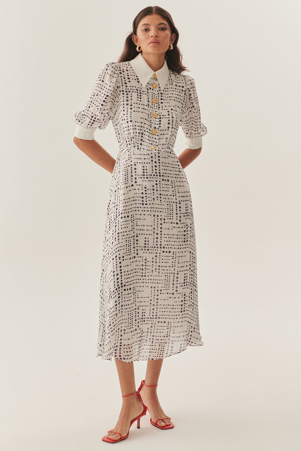 Contrast Collar Waist-Fitted Rayon Chiffon Patterned Dress - BLUE