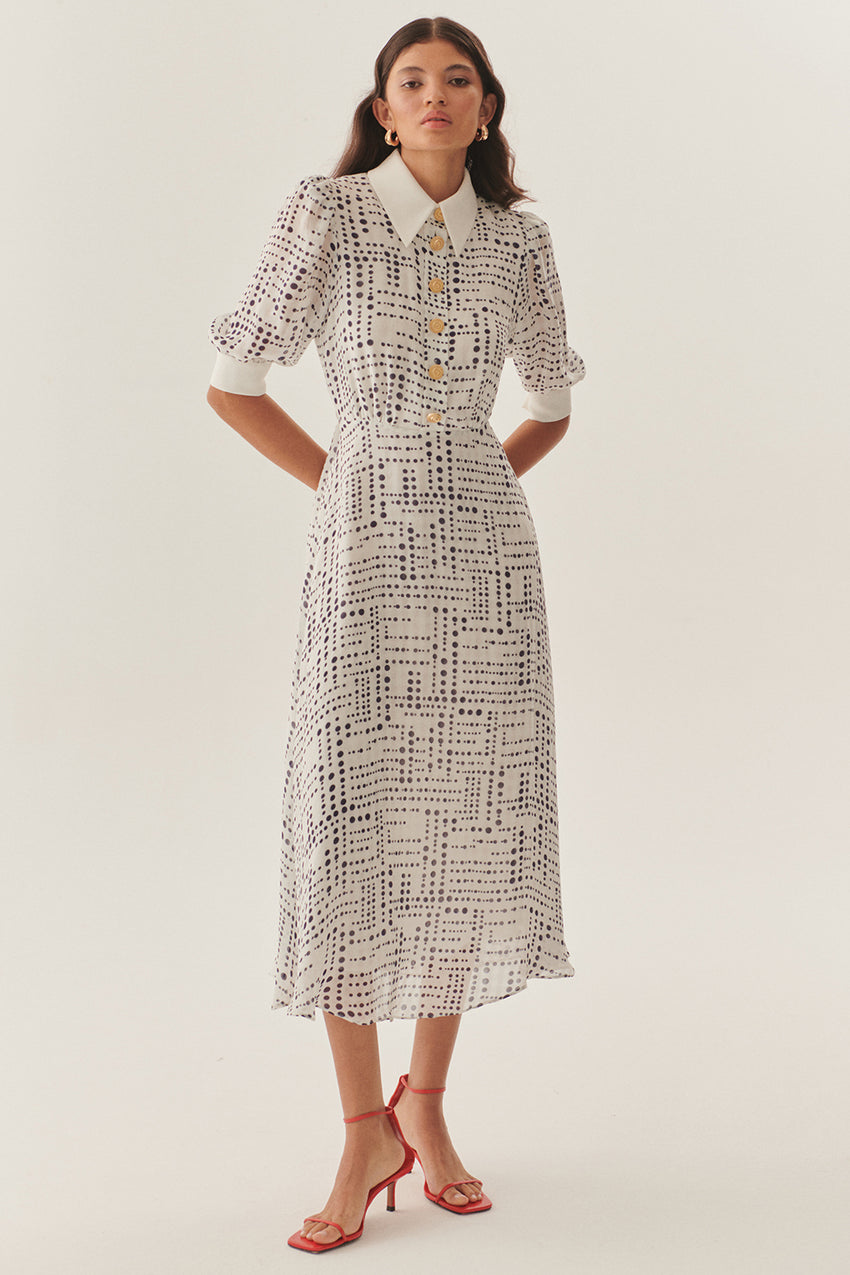 Contrast Collar Waist-Fitted Rayon Chiffon Patterned Dress - Blue