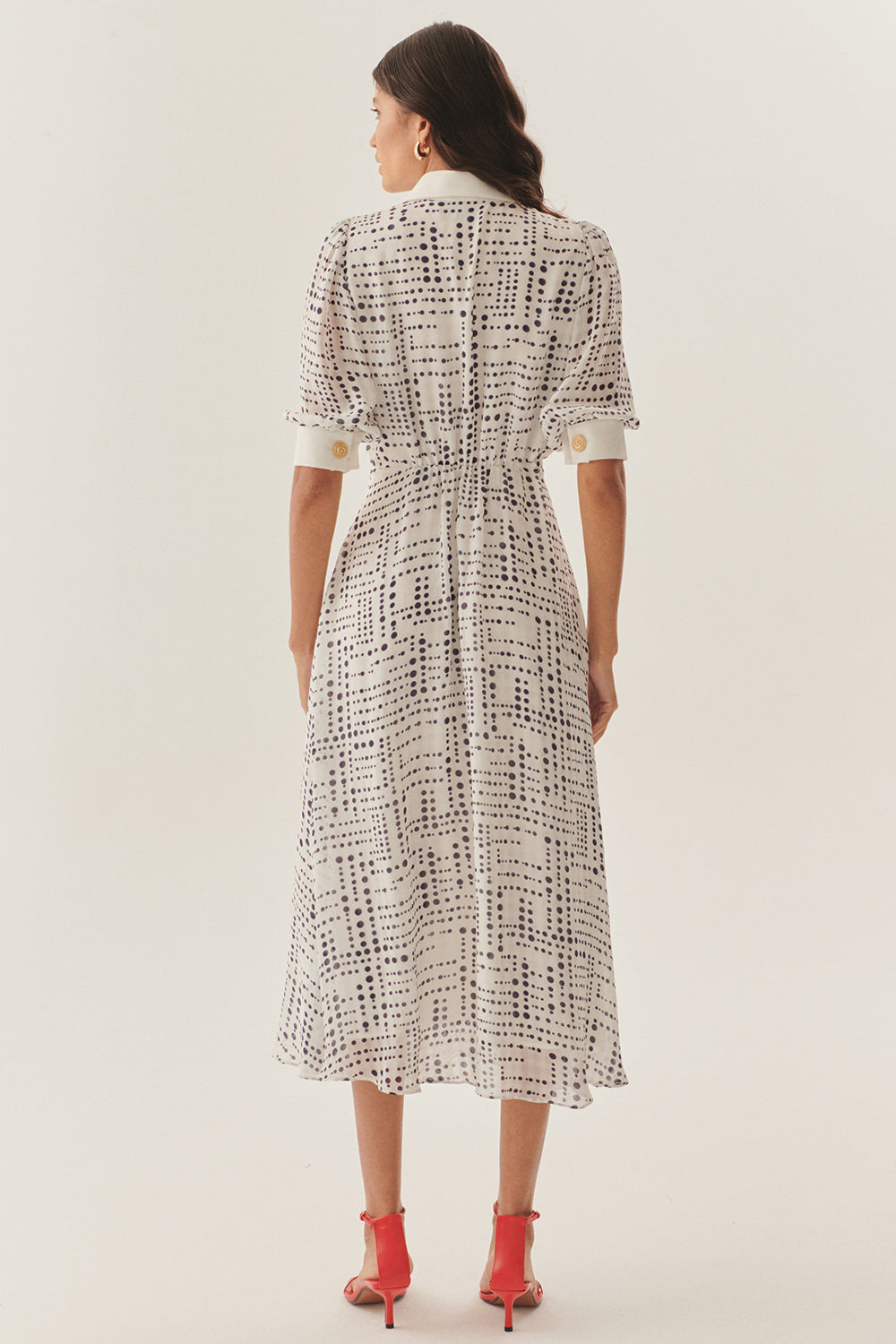 Contrast Collar Waist-Fitted Rayon Chiffon Patterned Dress - BLUE