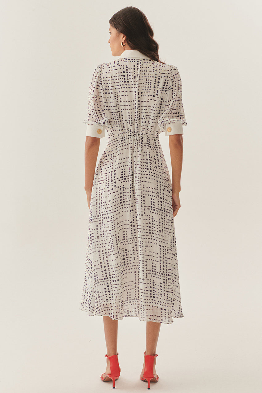 Contrast Collar Waist-Fitted Rayon Chiffon Patterned Dress - Blue