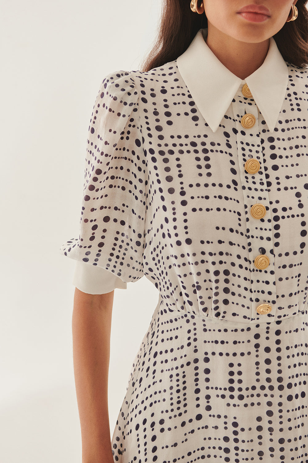 Contrast Collar Waist-Fitted Rayon Chiffon Patterned Dress - BLUE