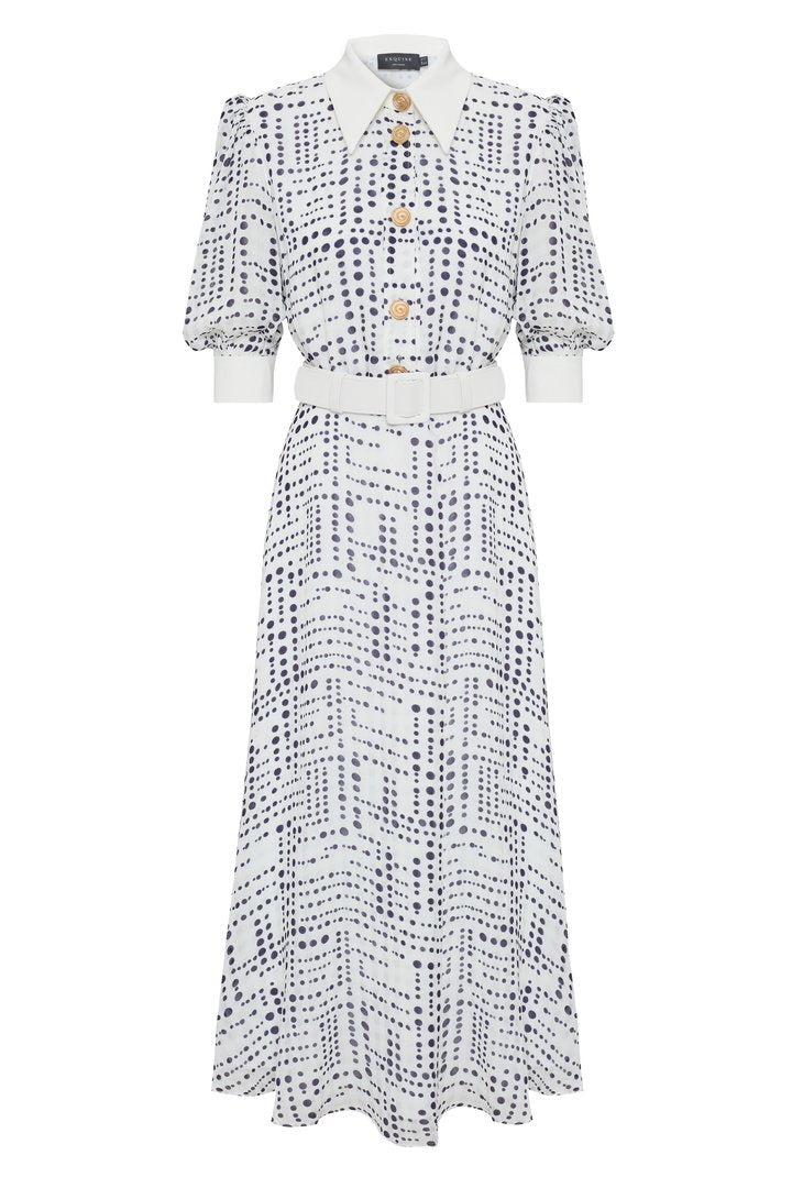 Contrast Collar Waist-Fitted Rayon Chiffon Patterned Dress - Blue