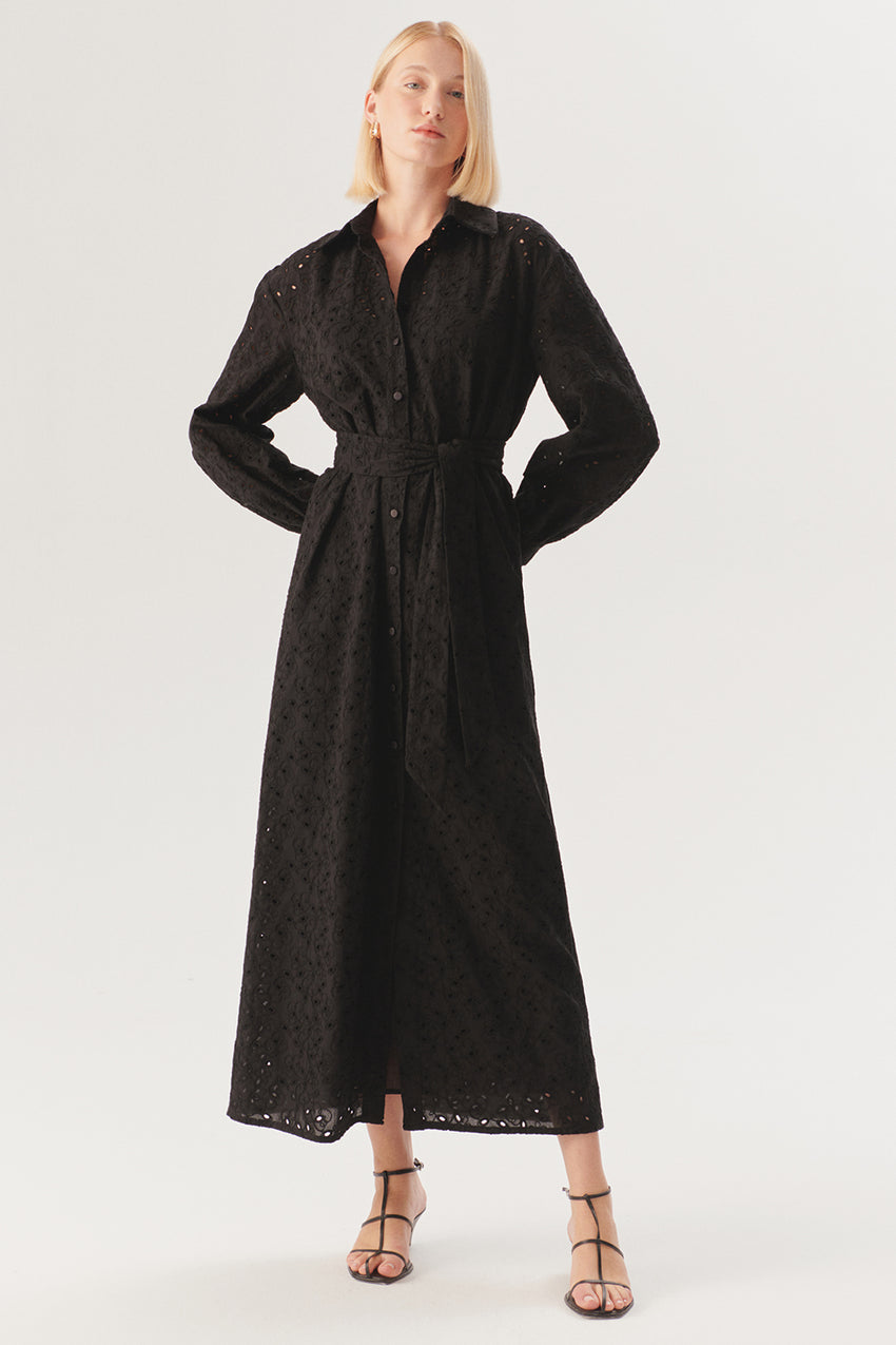 Maxi Belted Broderie Anglaise Cotton Regular Fit Shirt Dress - Black