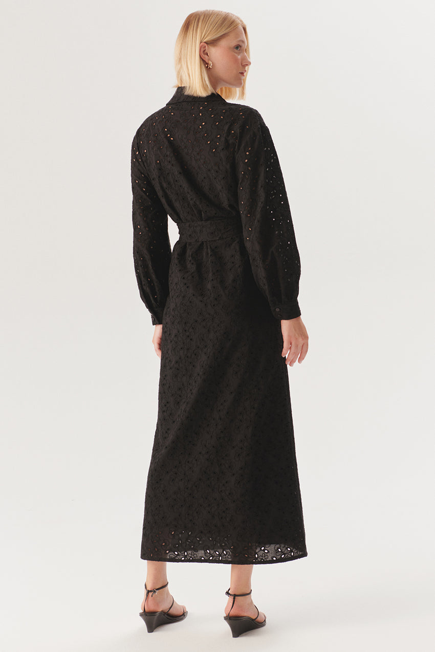 Maxi Belted Broderie Anglaise Cotton Regular Fit Shirt Dress - Black