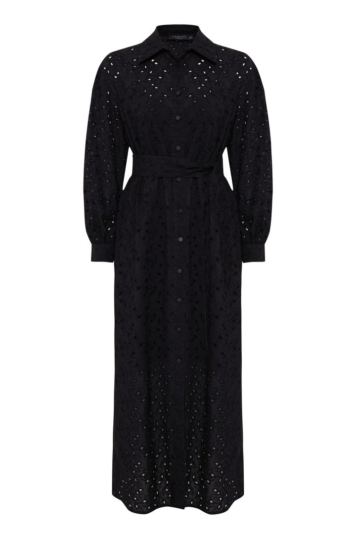 Maxi Belted Broderie Anglaise Cotton Regular Fit Shirt Dress - Black