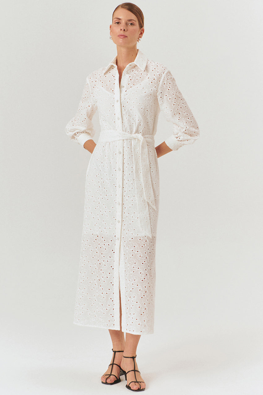 Maxi Belted Broderie Anglaise Cotton Regular Fit Shirt Dress - Ecru