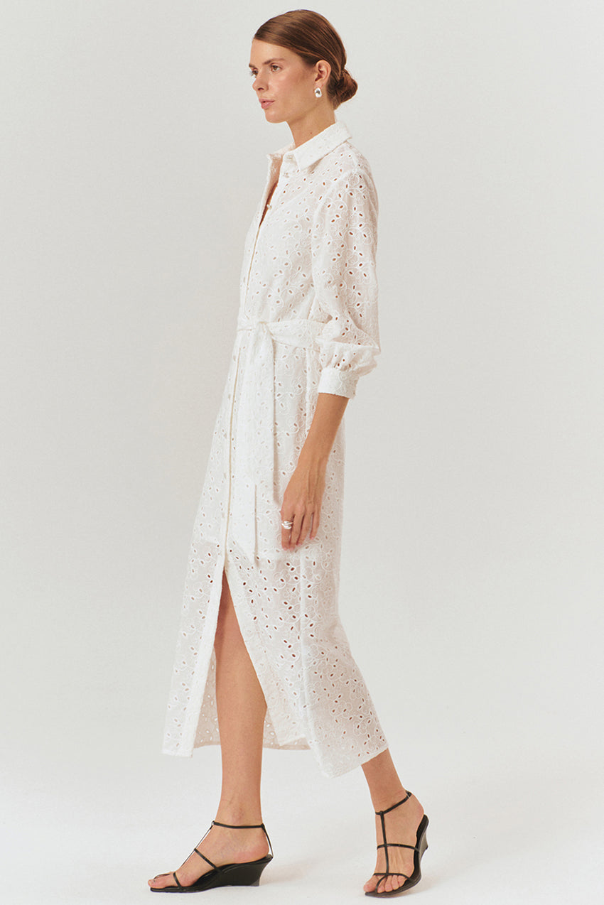 Maxi Belted Broderie Anglaise Cotton Regular Fit Shirt Dress - Ecru
