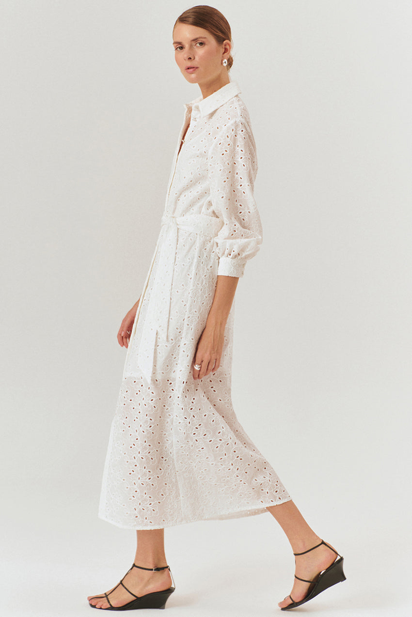 Maxi Belted Broderie Anglaise Cotton Regular Fit Shirt Dress - Ecru