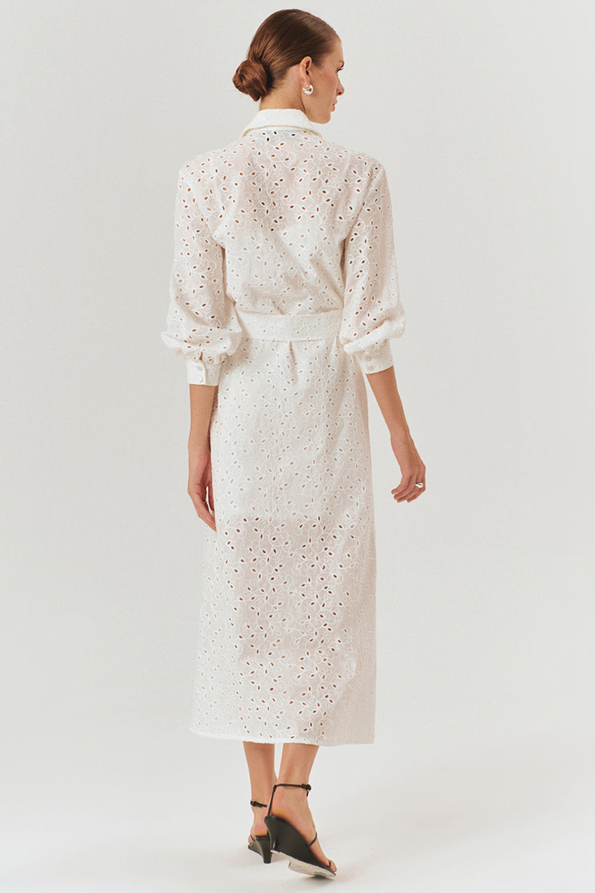 Maxi Belted Broderie Anglaise Cotton Regular Fit Shirt Dress - Ecru
