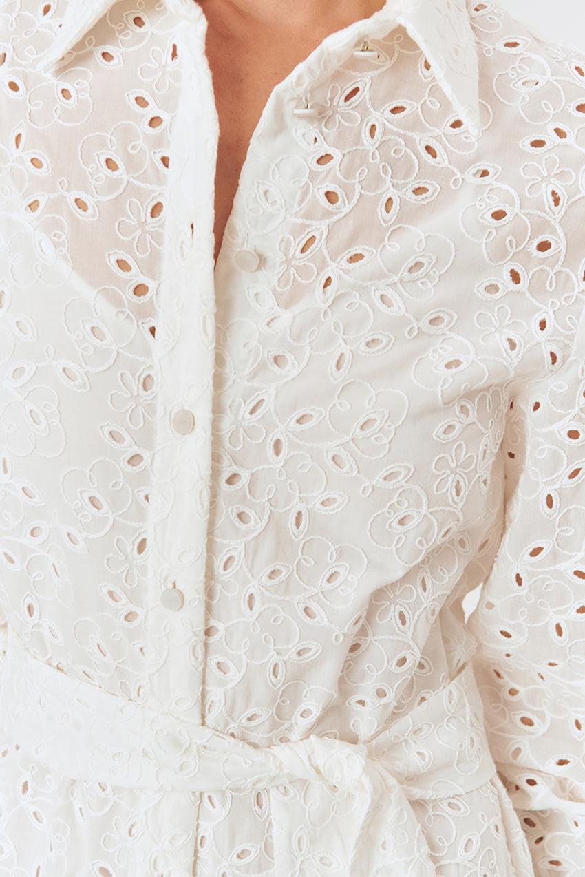 Maxi Belted Broderie Anglaise Cotton Regular Fit Shirt Dress - Ecru