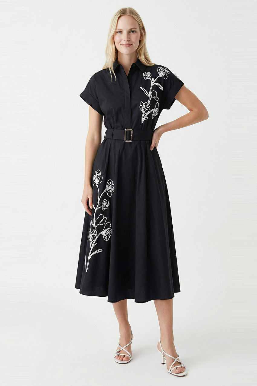 Embroidered Detail Flared Midi Shirt Dress - Black