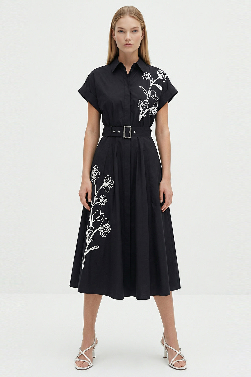 Embroidered Detail Flared Midi Shirt Dress - Black