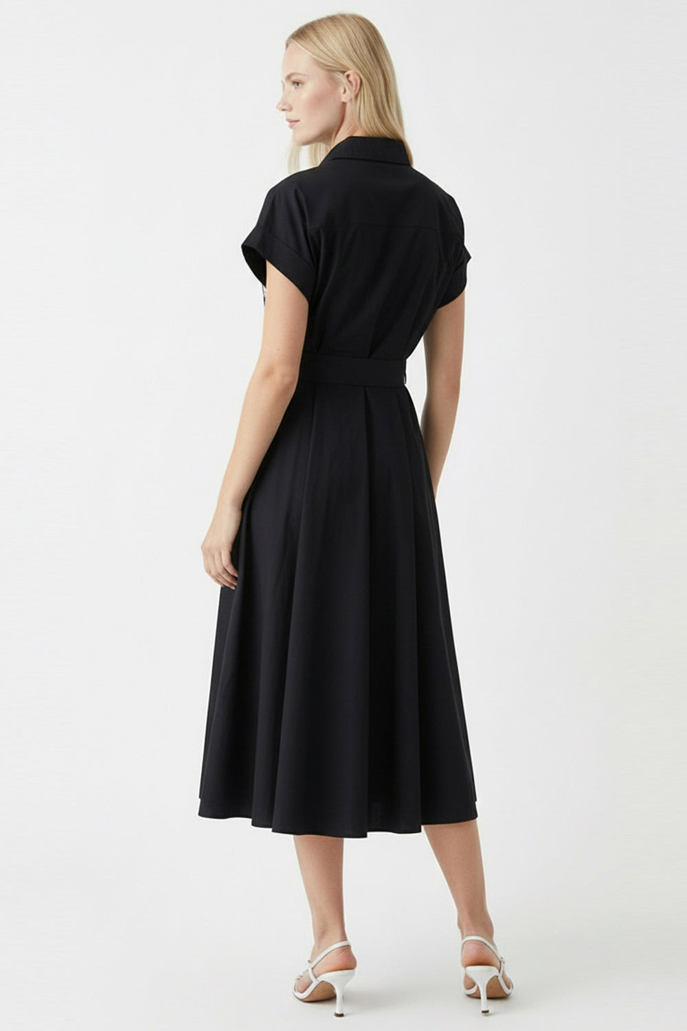 Embroidered Detail Flared Midi Shirt Dress - Black