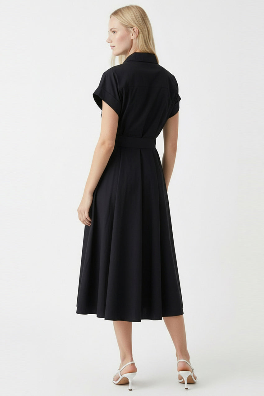 Embroidered Detail Flared Midi Shirt Dress - Black