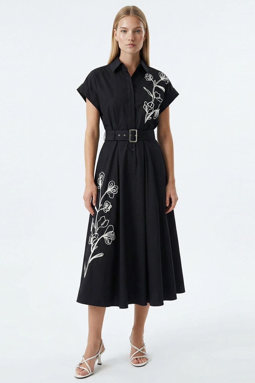 Embroidered Detail Flared Midi Shirt Dress - Black