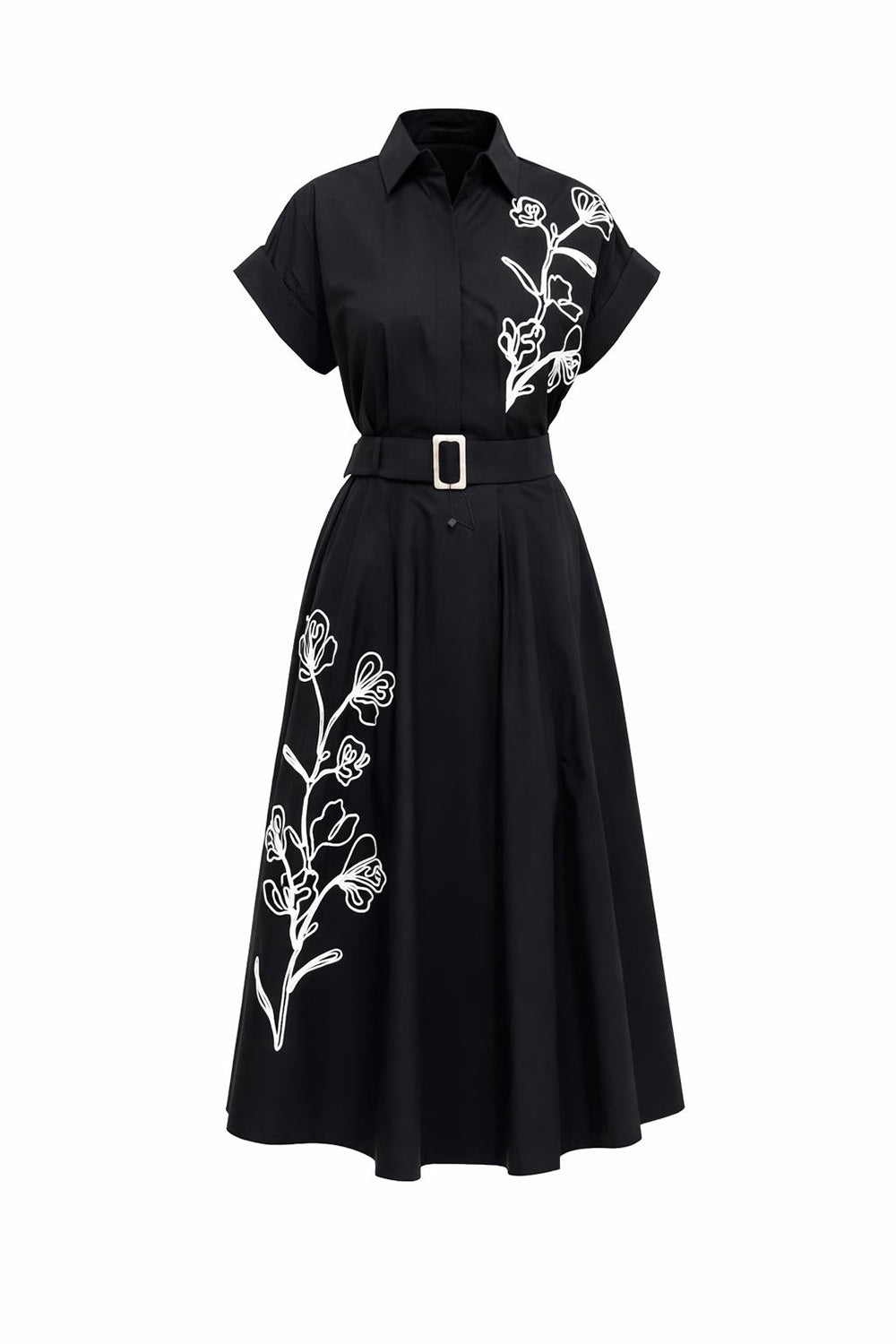 Embroidered Detail Flared Midi Shirt Dress - Black