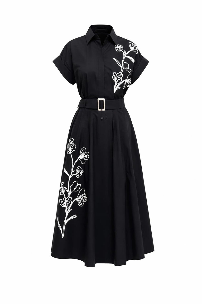 Embroidered Detail Flared Midi Shirt Dress - Black