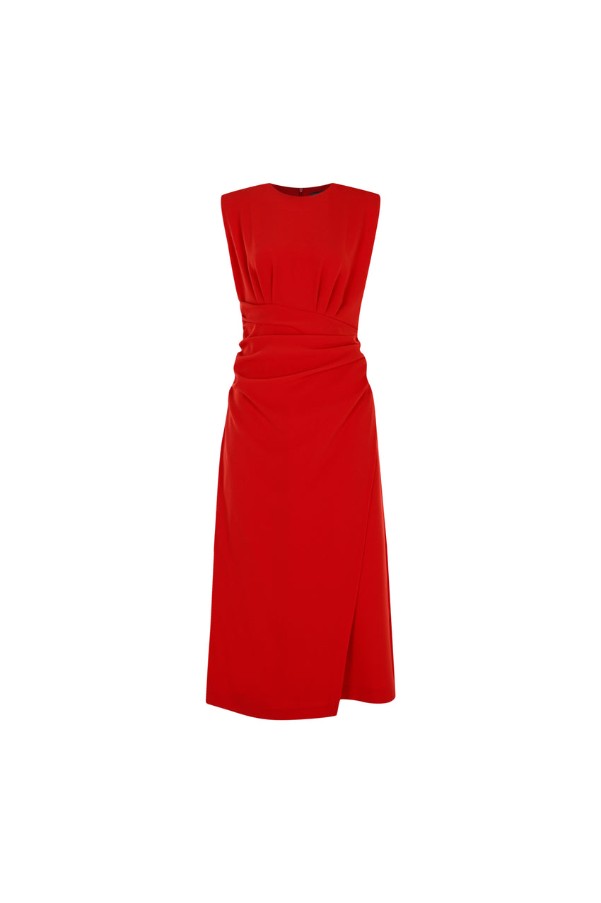 Sleeveless Draped Midi Dress – Red