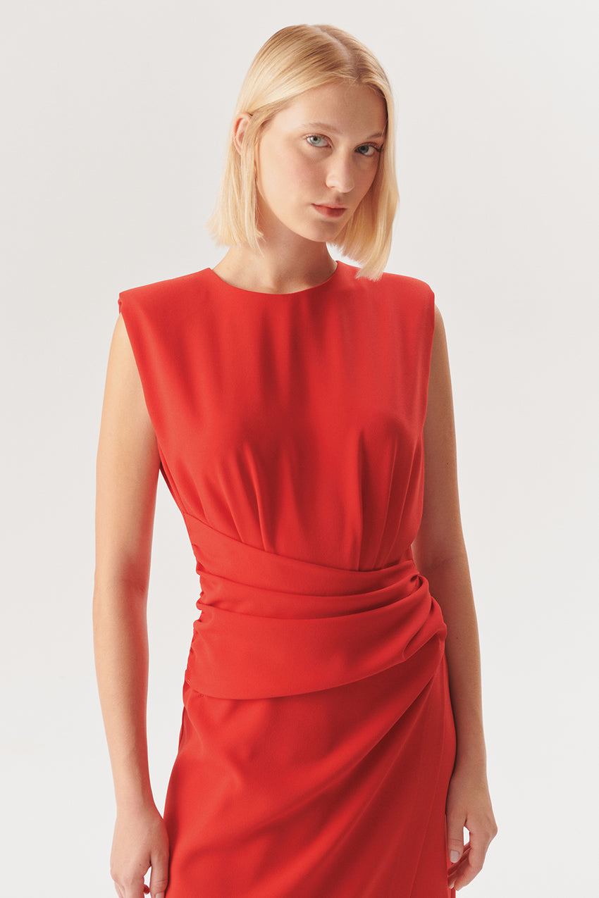 Sleeveless Draped Midi Dress – Red