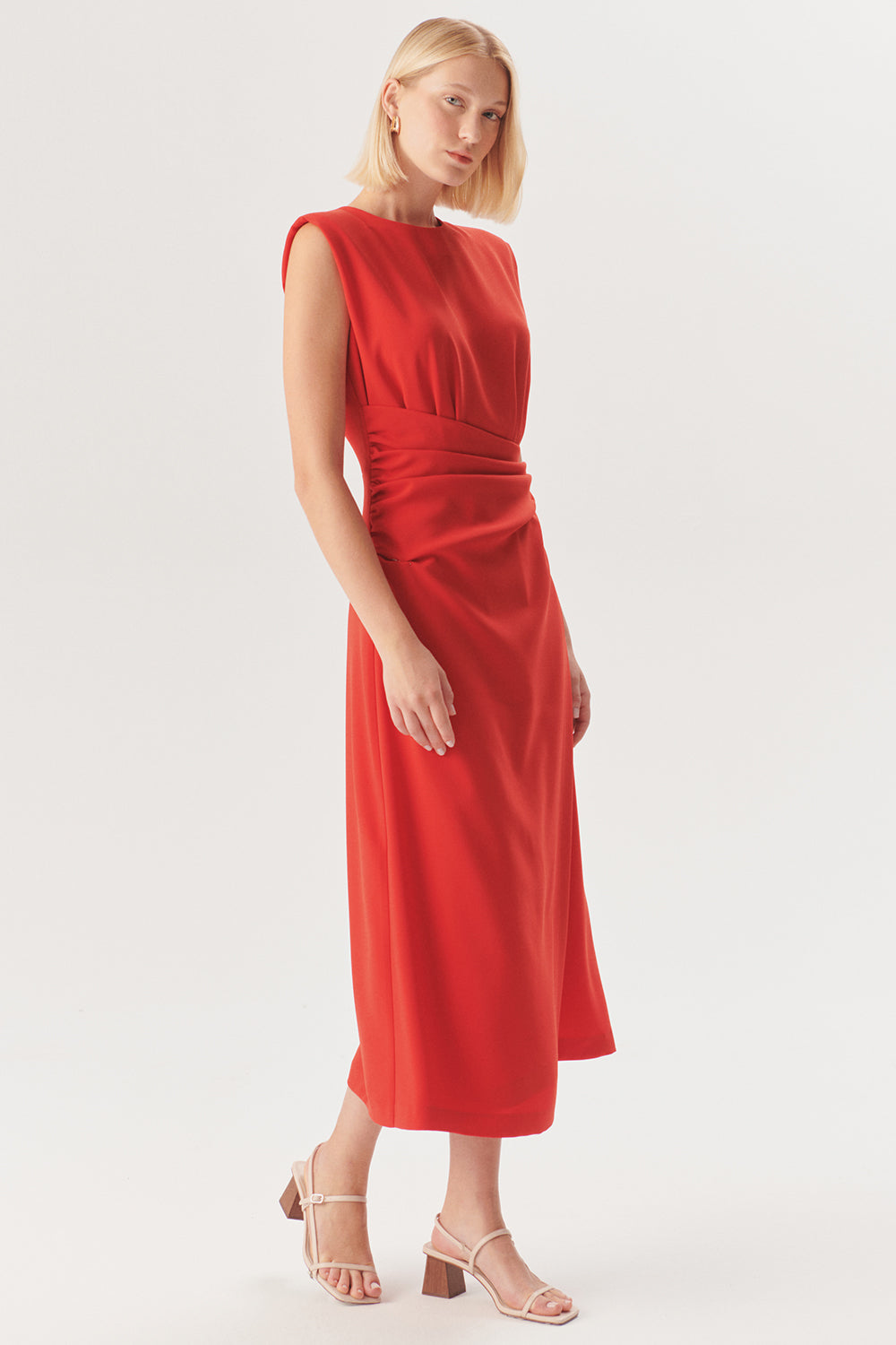 Sleeveless Draped Midi Dress – Red