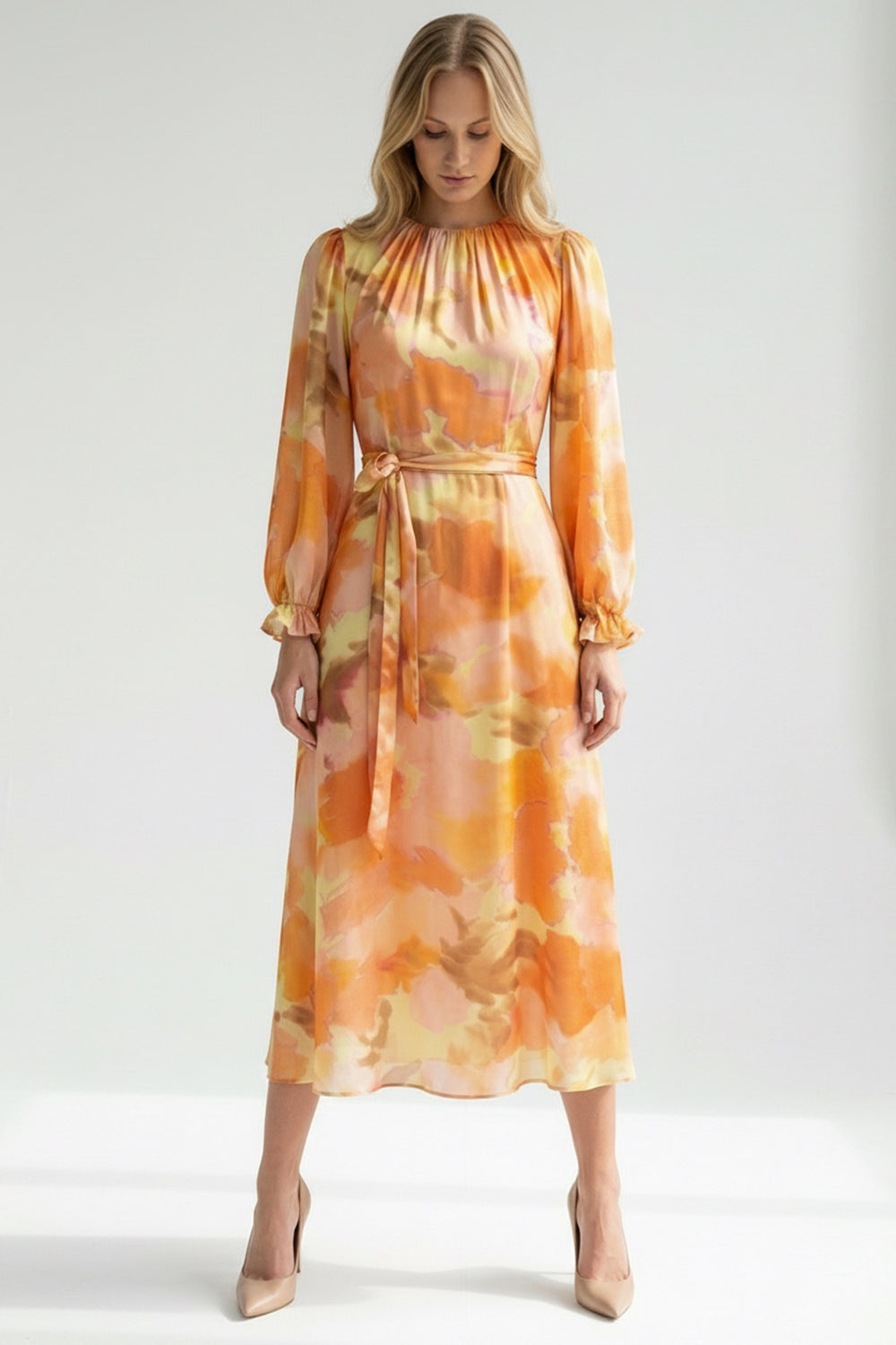 Crew Neck Long Sleeve Relaxed Fit Printed Dress – Multi Color