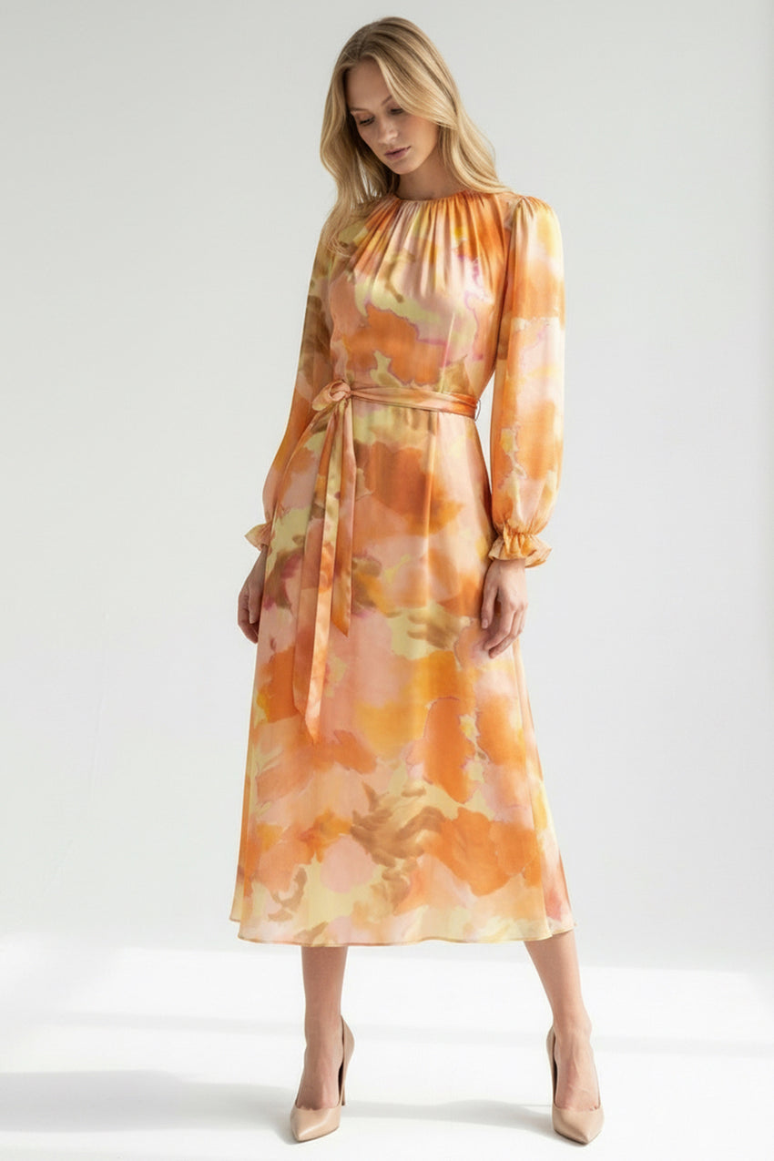 Crew Neck Long Sleeve Relaxed Fit Printed Dress – Multi Color