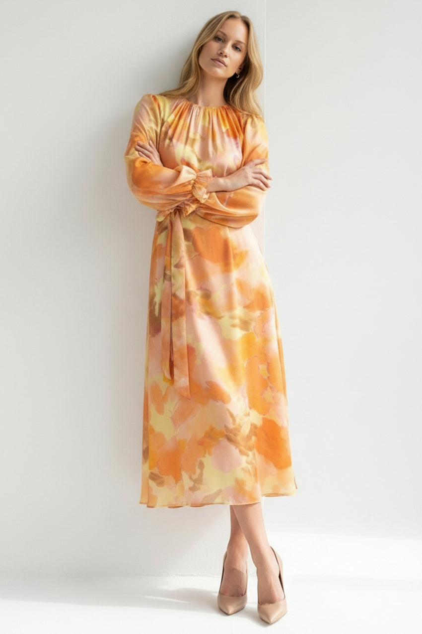 Crew Neck Long Sleeve Relaxed Fit Printed Dress – Multi Color