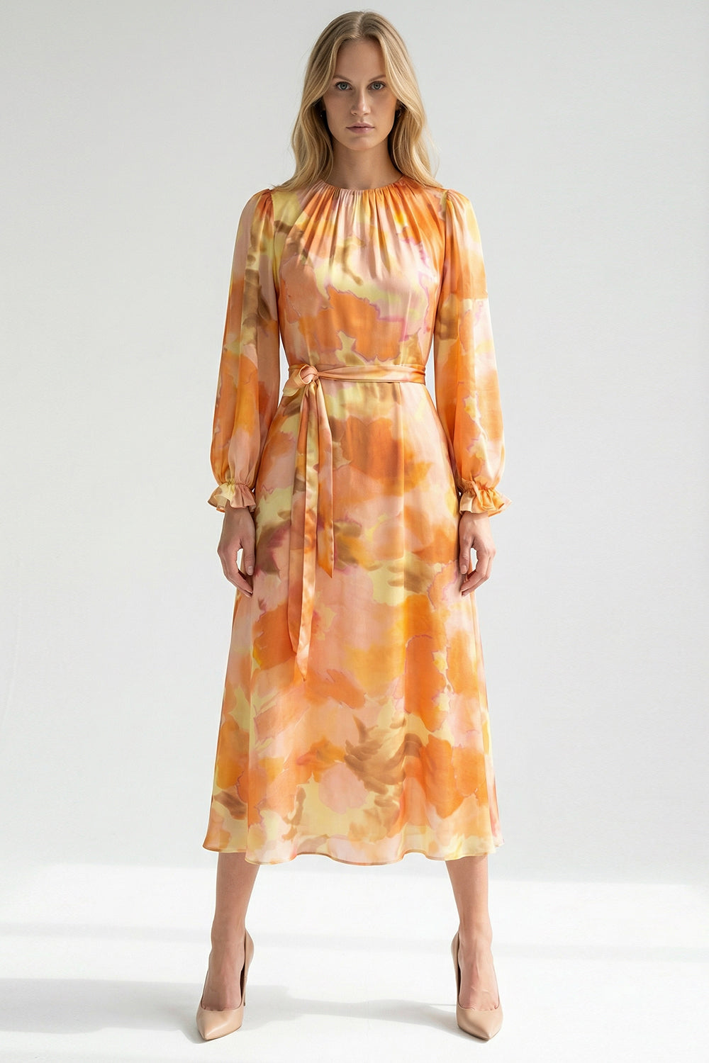 Crew Neck Long Sleeve Relaxed Fit Printed Dress – Multi Color