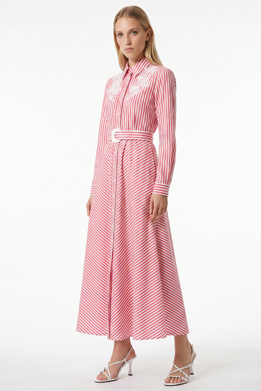Embroidered Collared Midi Dress with Belt and Long Sleeves - RED WHITE