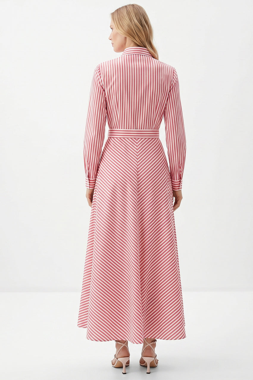 Embroidered Collared Midi Dress with Belt and Long Sleeves - RED WHITE