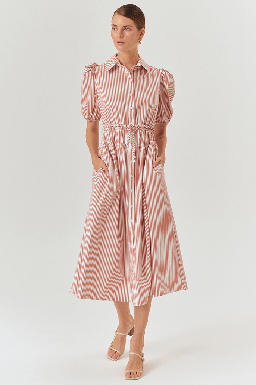 Balloon Sleeve Fitted Cotton Midi Shirt Dress – Pink