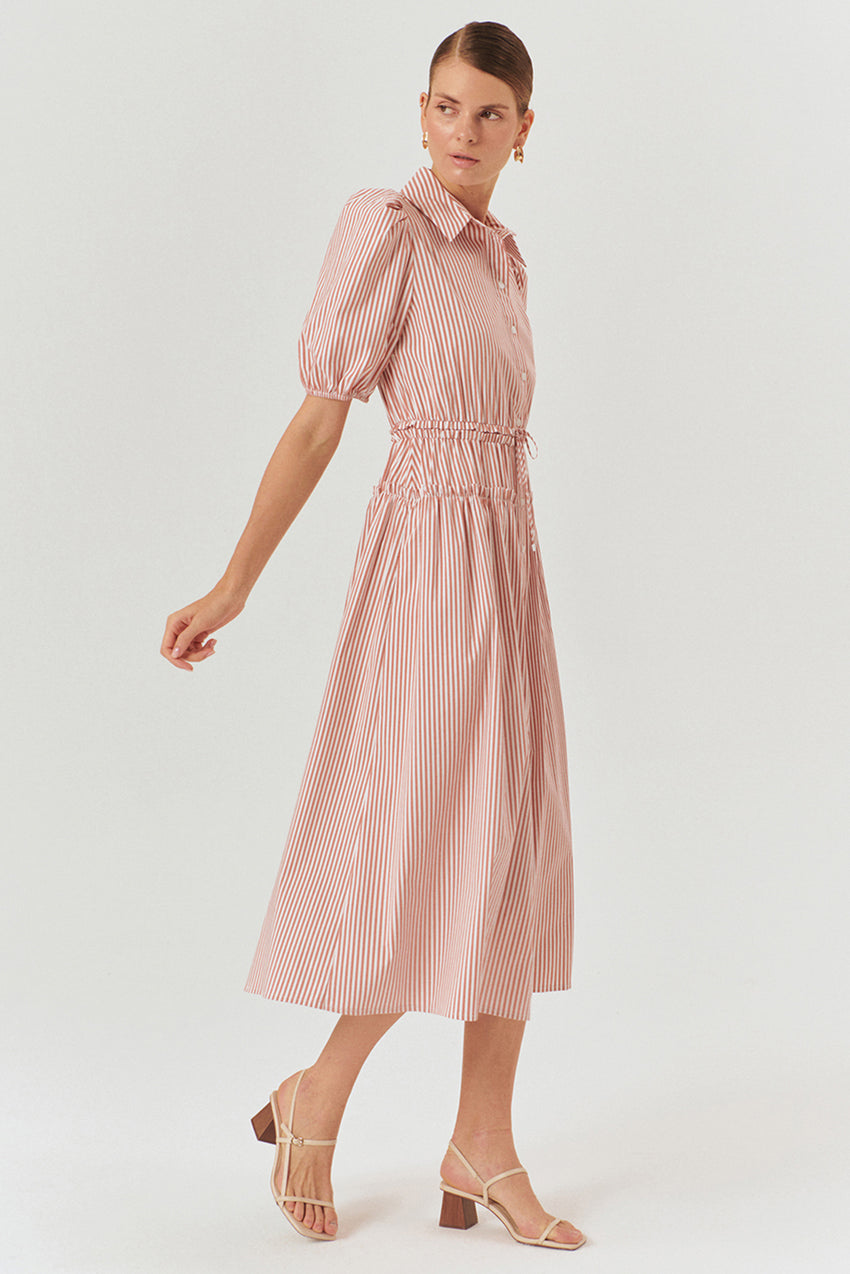 Balloon Sleeve Fitted Cotton Midi Shirt Dress – Pink
