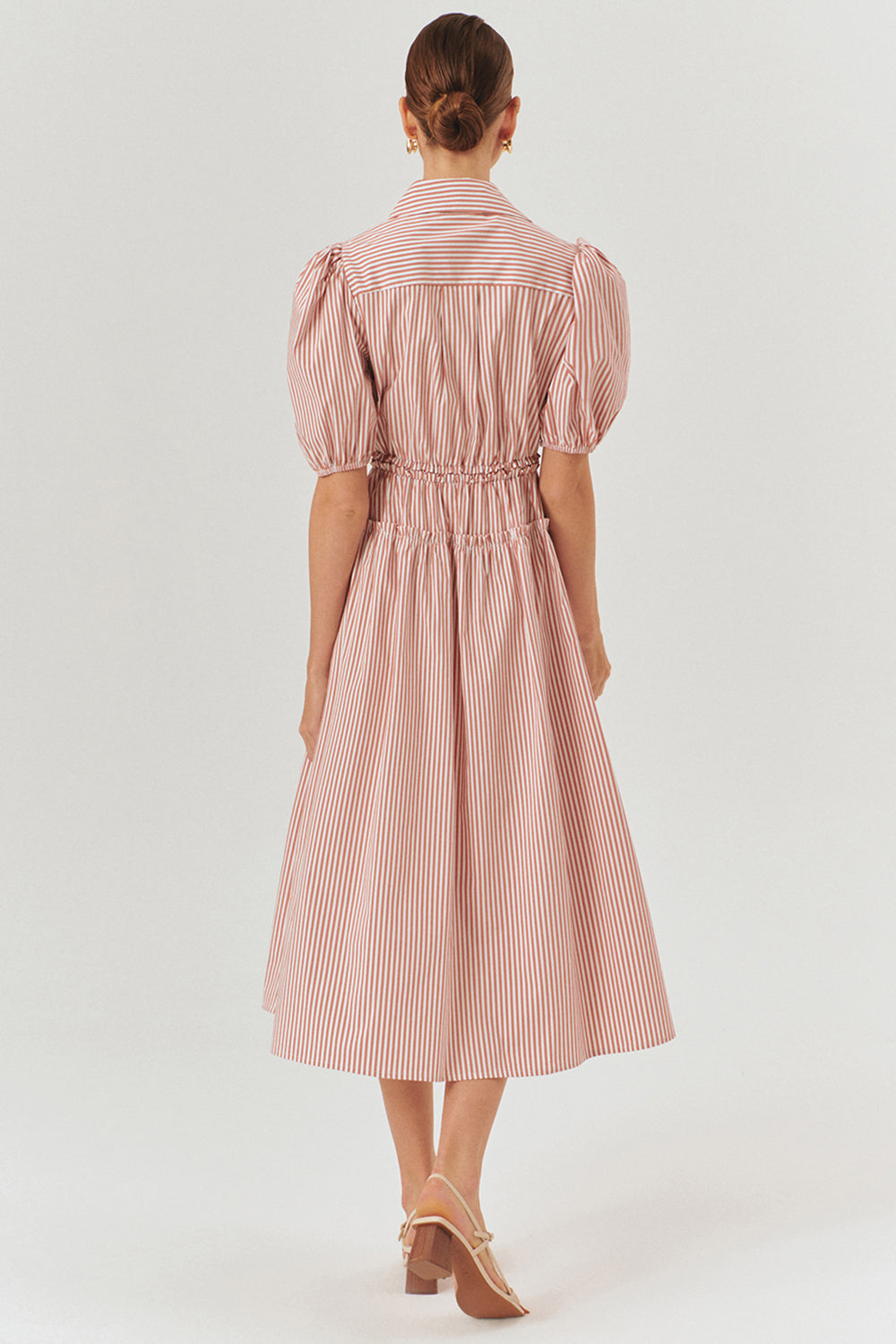 Balloon Sleeve Fitted Cotton Midi Shirt Dress – Pink