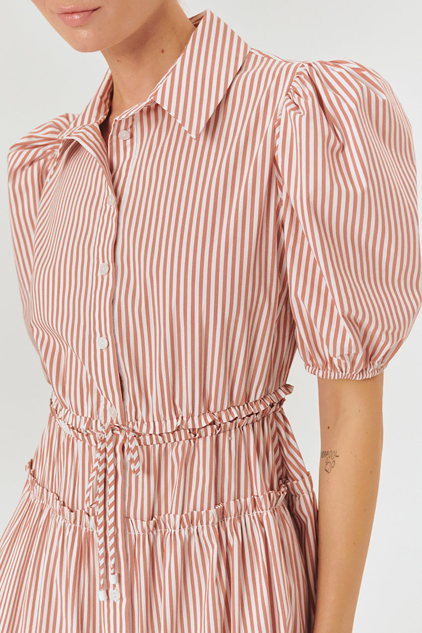 Balloon Sleeve Fitted Cotton Midi Shirt Dress – Pink