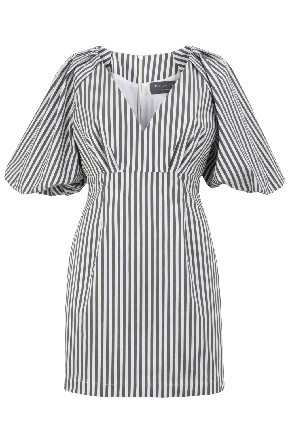 V-Neck Balloon Sleeve Striped Cotton Mini Dress - KHAKI