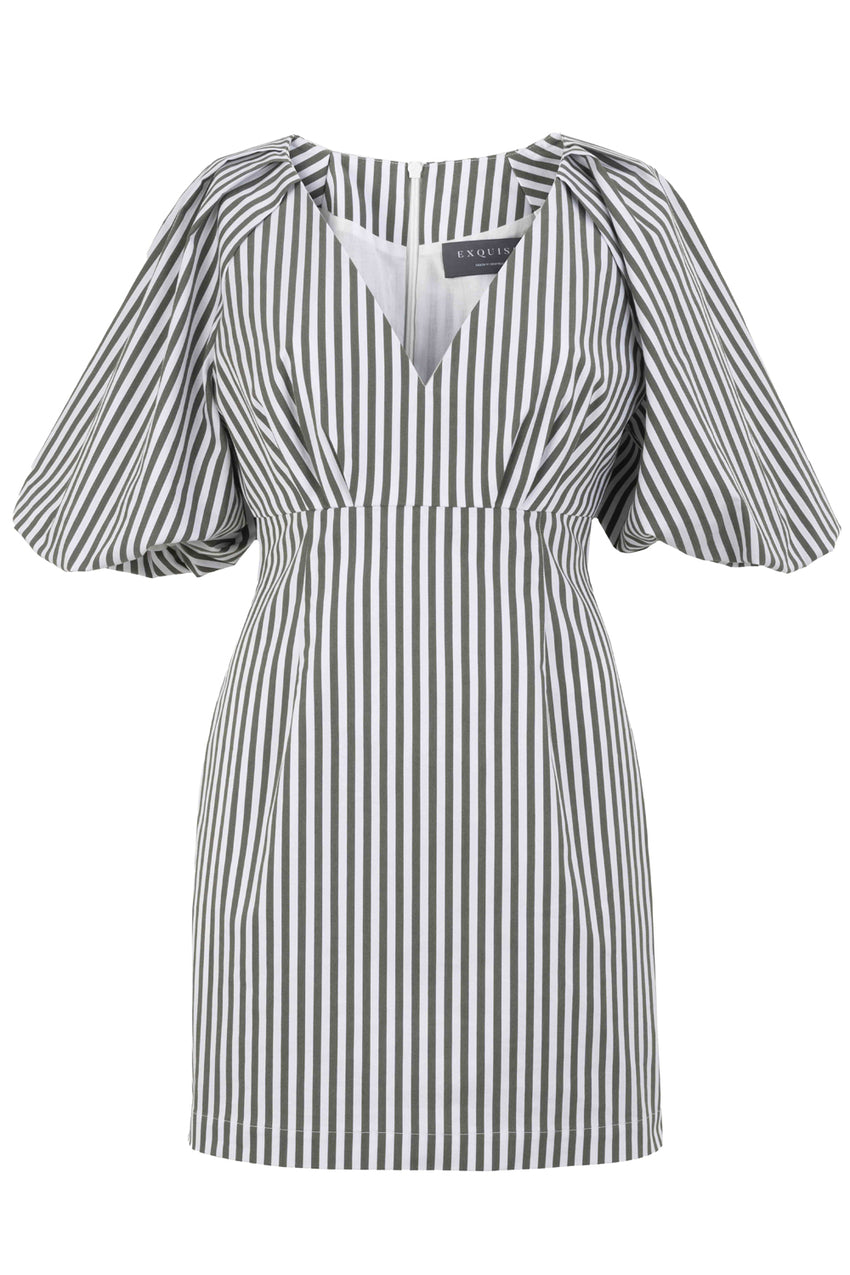 V-Neck Balloon Sleeve Striped Cotton Mini Dress - Khaki