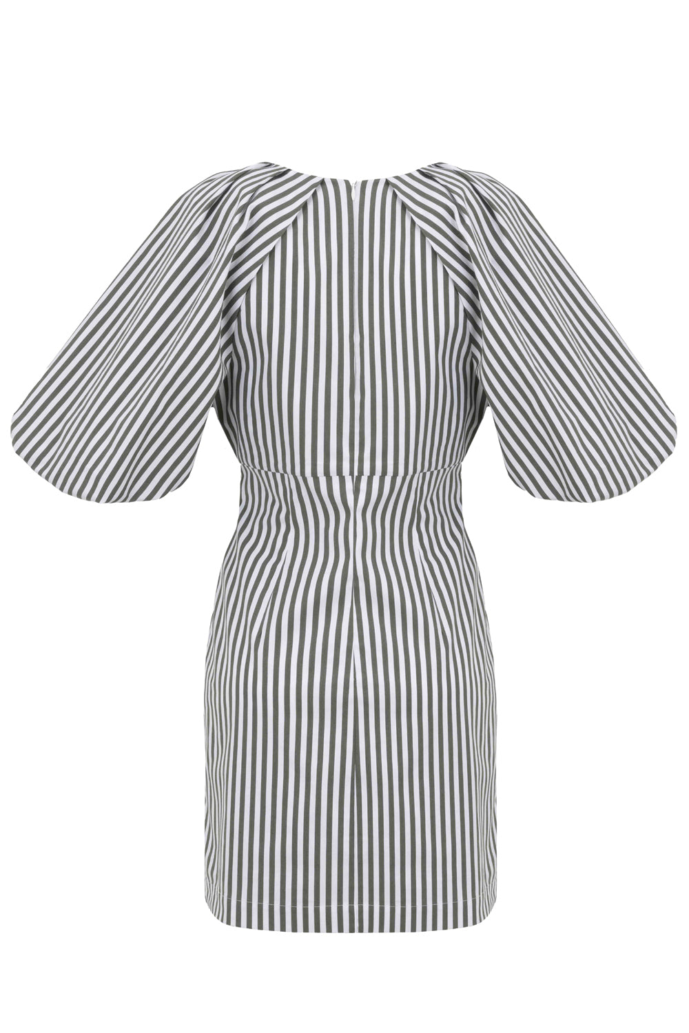 V-Neck Balloon Sleeve Striped Cotton Mini Dress - KHAKI