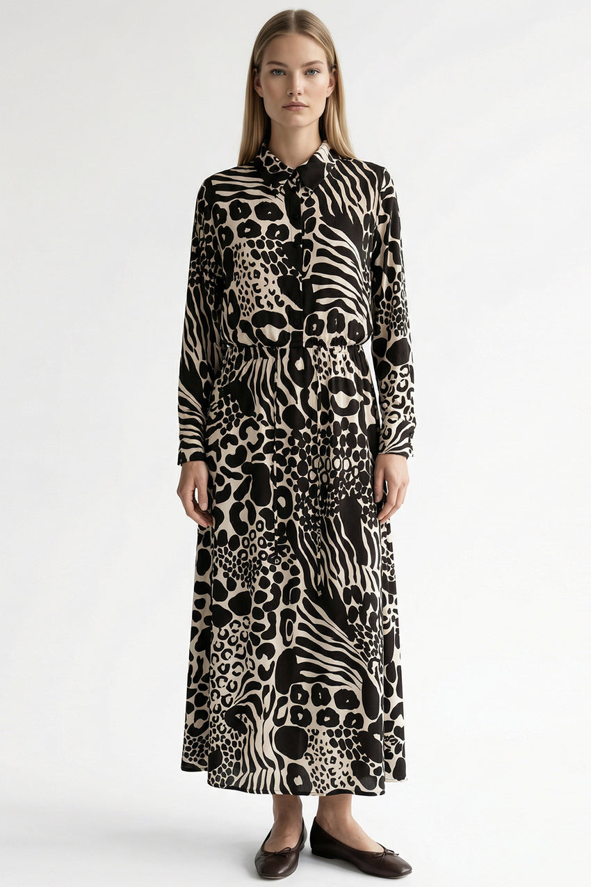 Tie Waist Printed Midi Dress – BLACK