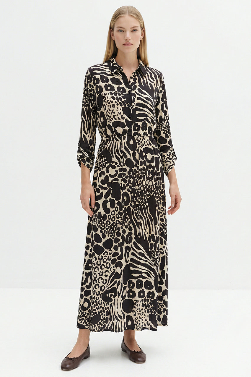 Tie Waist Printed Midi Dress – BLACK